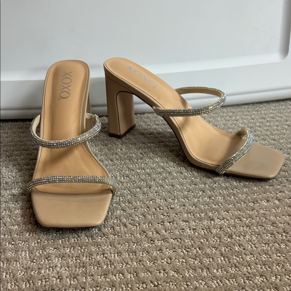 XOXO Beige Strappy Heels with Rhinestone Accents